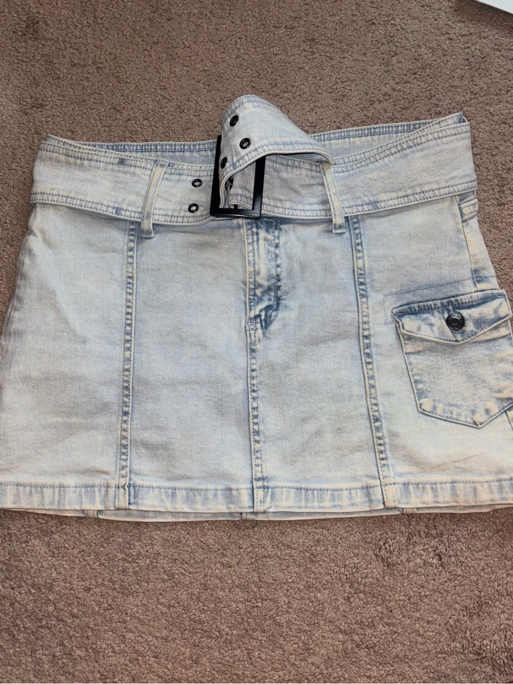wild fable Light Wash Denim Mini Skirt with Belted Waist